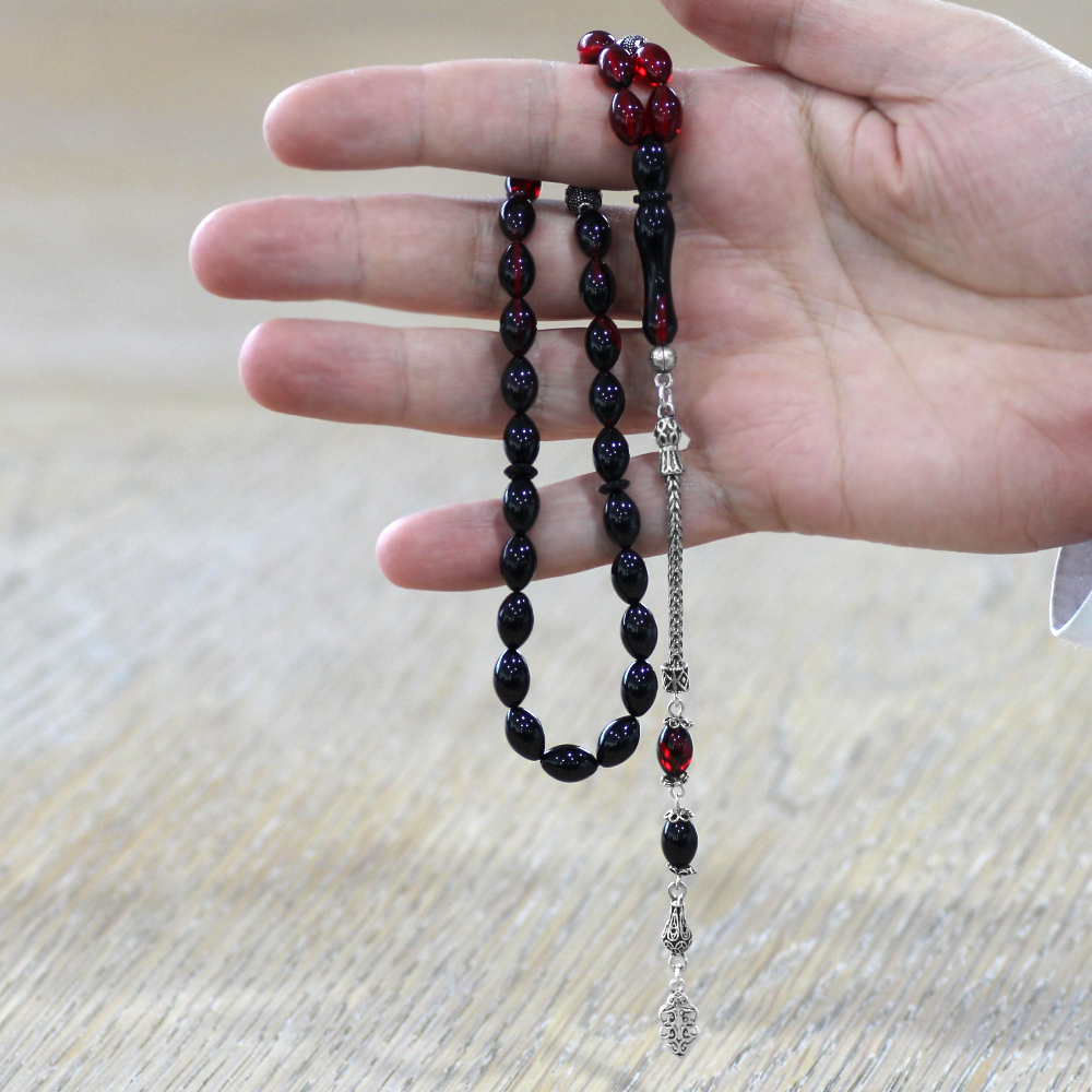 925 Ayar Gümüş Püsküllü Arpa Kesim Gümüş İsim Yazılı Süzme Kırmızı Siyah Ateş Kehribar Tesbih - 2