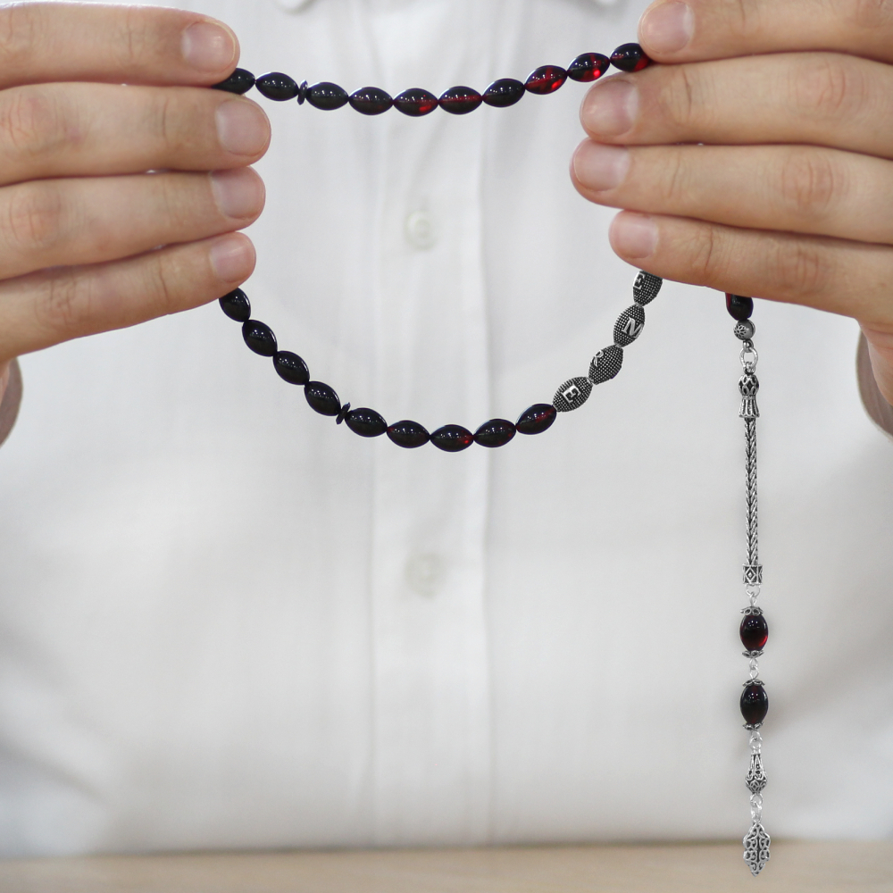 925 Ayar Gümüş Püsküllü Arpa Kesim Gümüş İsim Yazılı Süzme Kırmızı Siyah Ateş Kehribar Tesbih - 3