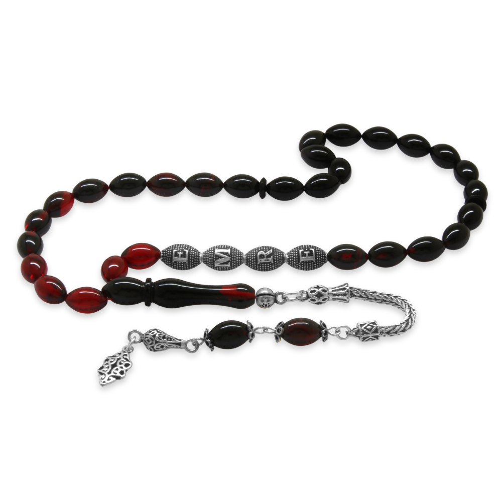 925 Ayar Gümüş Püsküllü Arpa Kesim Gümüş İsim Yazılı Süzme Kırmızı Siyah Ateş Kehribar Tesbih - 4