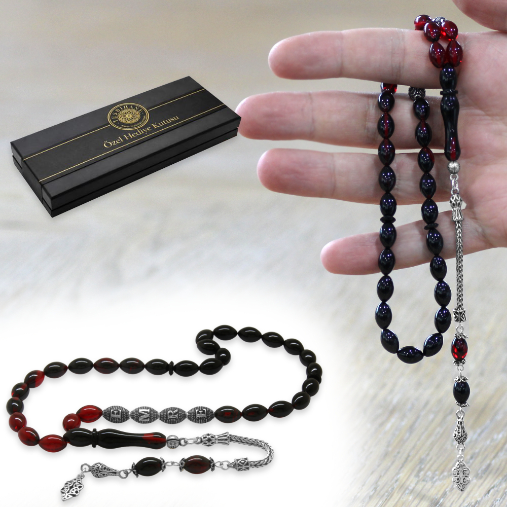 925 Ayar Gümüş Püsküllü Arpa Kesim Gümüş İsim Yazılı Süzme Kırmızı Siyah Ateş Kehribar Tesbih - 1