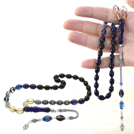 925 Ayar Gümüş Püsküllü Arpa Kesim Gümüş İsim Yazılı Süzme Mavi Beyaz Ateş Kehribar Tesbih - Tesbihane