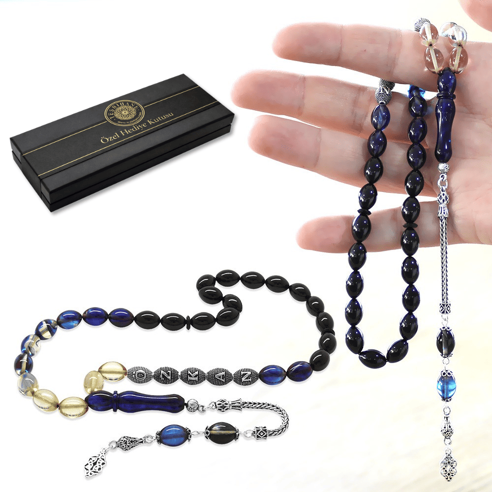 925 Ayar Gümüş Püsküllü Arpa Kesim Gümüş İsim Yazılı Süzme Mavi Beyaz Ateş Kehribar Tesbih - 1