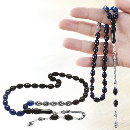 925 Ayar Gümüş Püsküllü Arpa Kesim Gümüş İsim Yazılı Süzme Mavi Siyah Sıkma Kehribar Tesbih - Tesbihane