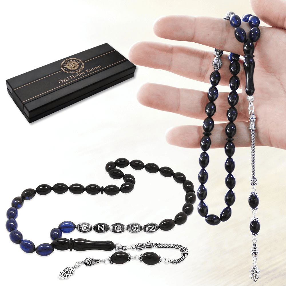 925 Ayar Gümüş Püsküllü Arpa Kesim Gümüş İsim Yazılı Süzme Mavi Siyah Sıkma Kehribar Tesbih - 1