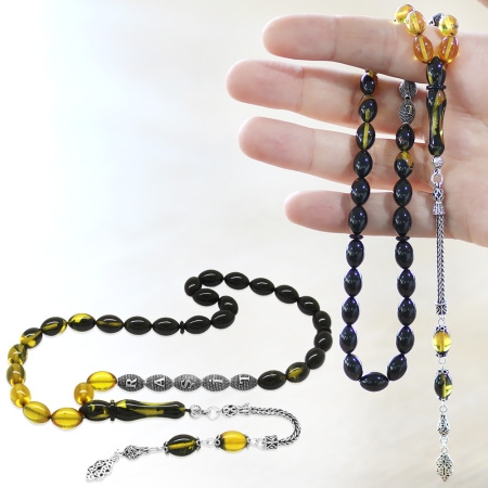 925 Ayar Gümüş Püsküllü Arpa Kesim Gümüş İsim Yazılı Süzme Sarı Siyah Ateş Kehribar Tesbih - Tesbihane