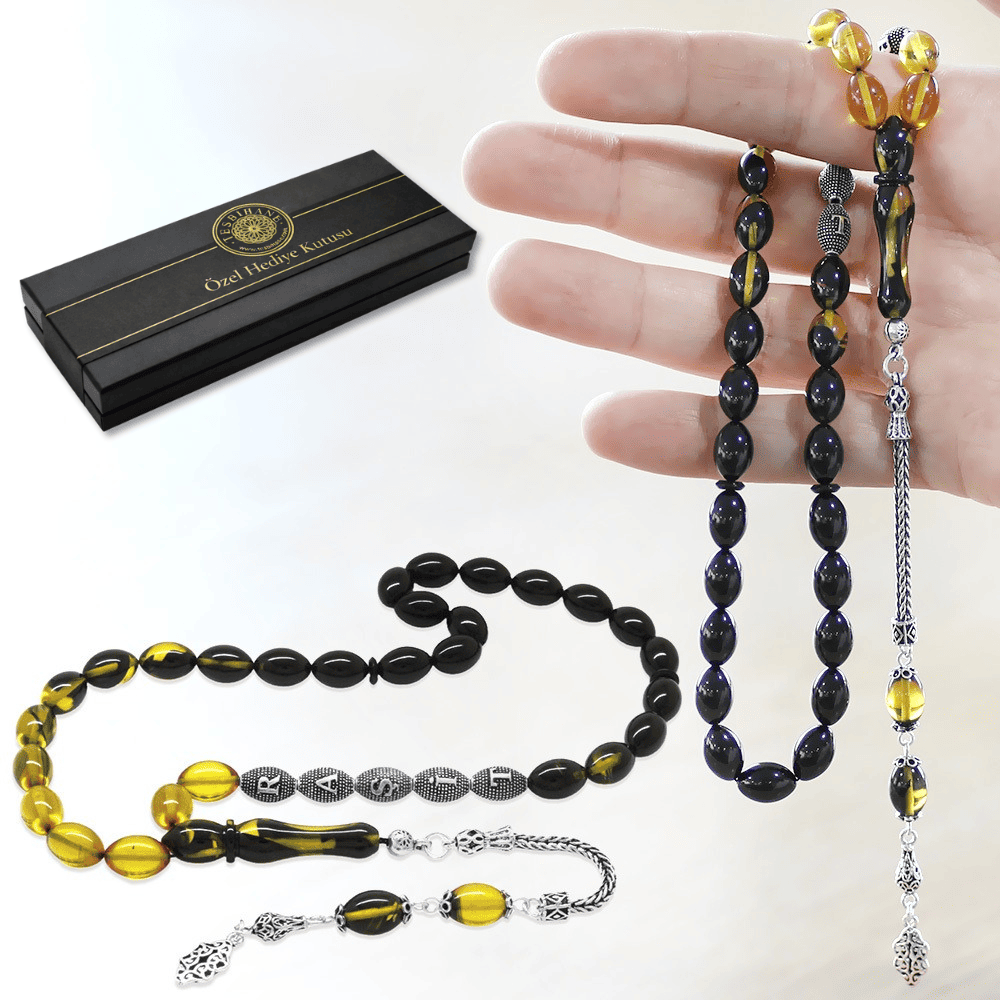 925 Ayar Gümüş Püsküllü Arpa Kesim Gümüş İsim Yazılı Süzme Sarı Siyah Ateş Kehribar Tesbih - 1