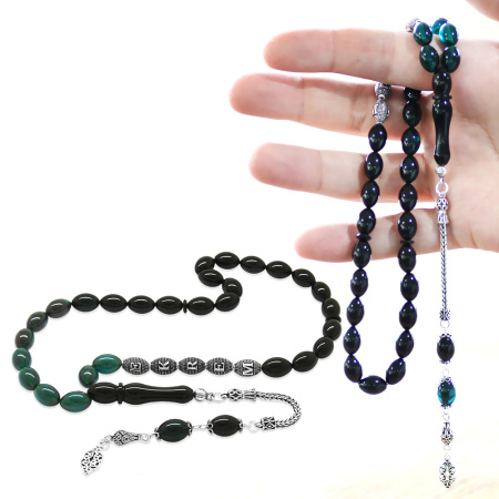 925 Ayar Gümüş Püsküllü Arpa Kesim Gümüş İsim Yazılı Süzme Turkuaz Siyah Ateş Kehribar Tesbih - Tesbihane