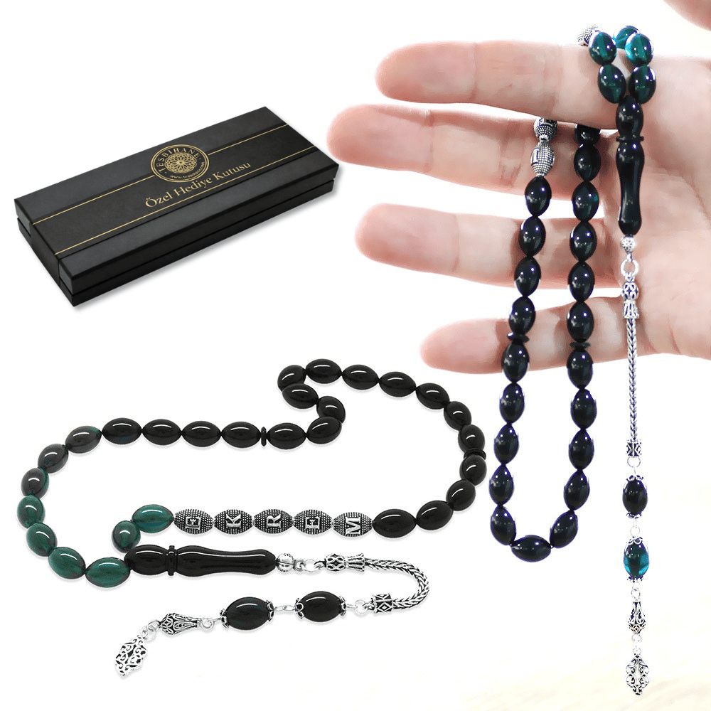 925 Ayar Gümüş Püsküllü Arpa Kesim Gümüş İsim Yazılı Süzme Turkuaz Siyah Ateş Kehribar Tesbih - 1