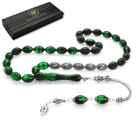 925 Ayar Gümüş Püsküllü Arpa Kesim Gümüş İsim Yazılı Süzme Yeşil Siyah Ateş Kehribar Tesbih - Tesbihane