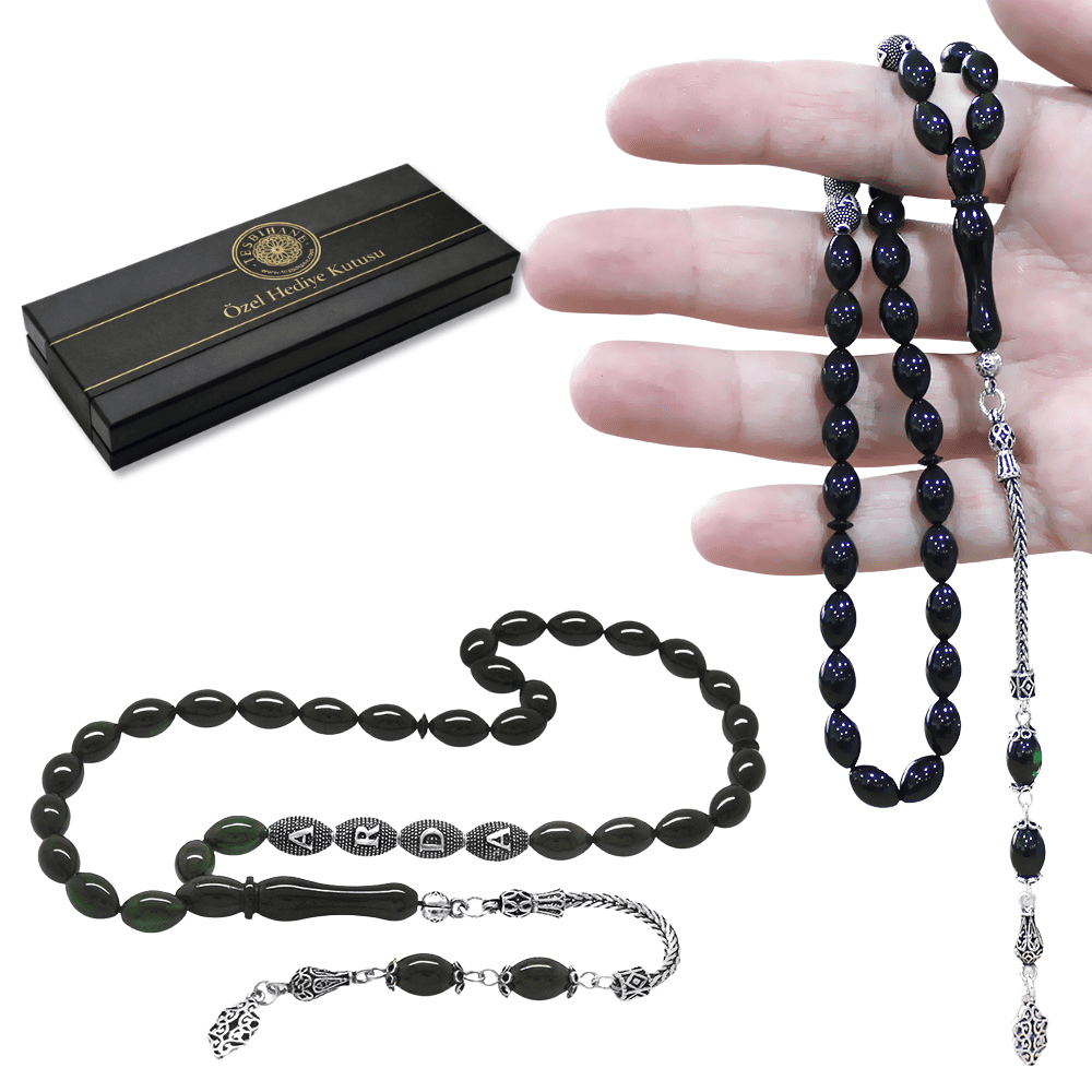 925 Ayar Gümüş Püsküllü Arpa Kesim Gümüş İsim Yazılı Süzme Yeşil Siyah Ateş Kehribar Tesbih - 1