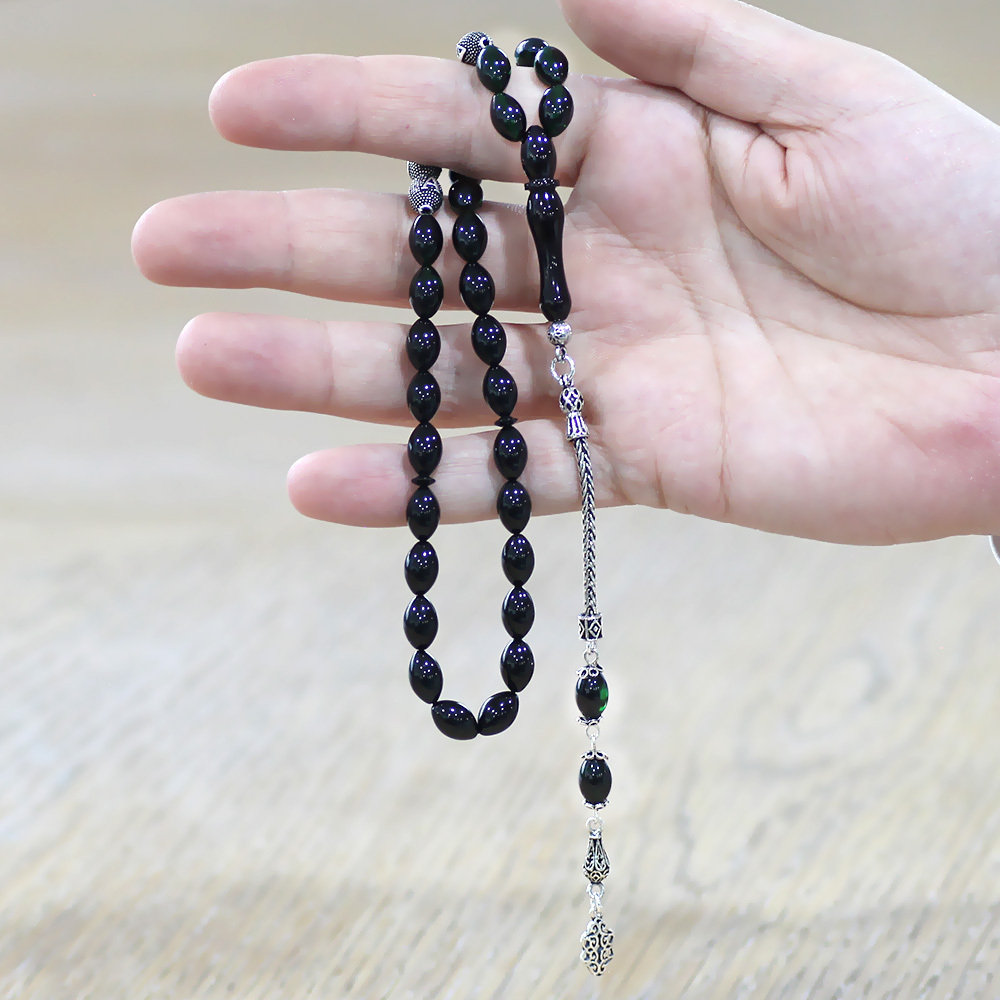 925 Ayar Gümüş Püsküllü Arpa Kesim Gümüş İsim Yazılı Süzme Yeşil Siyah Ateş Kehribar Tesbih - 2