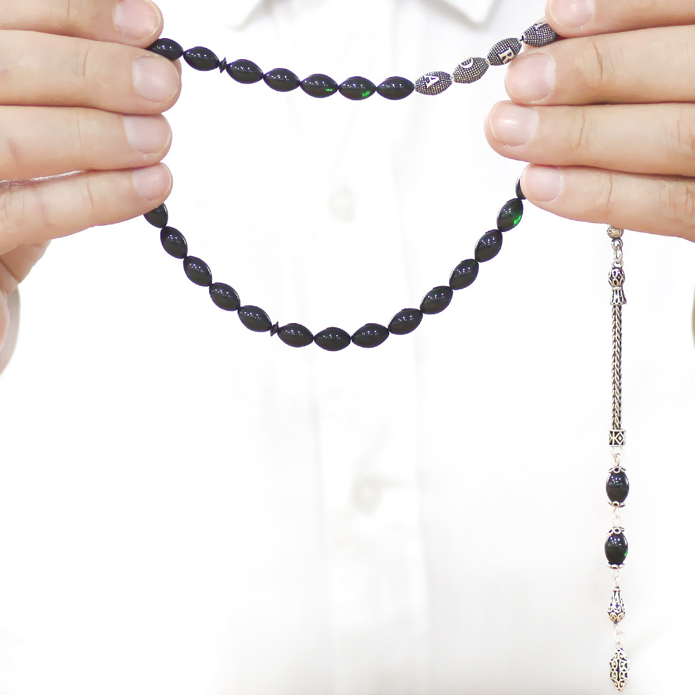 925 Ayar Gümüş Püsküllü Arpa Kesim Gümüş İsim Yazılı Süzme Yeşil Siyah Ateş Kehribar Tesbih - 3