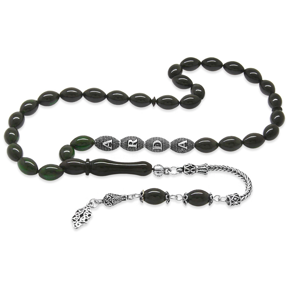 925 Ayar Gümüş Püsküllü Arpa Kesim Gümüş İsim Yazılı Süzme Yeşil Siyah Ateş Kehribar Tesbih - 4