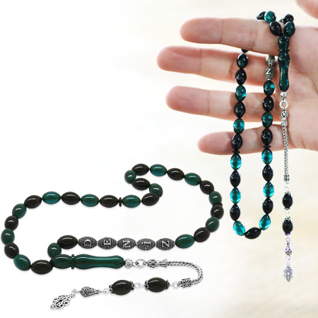 925 Ayar Gümüş Püsküllü Arpa Kesim Gümüş İsim Yazılı Turkuaz Siyah Ateş Kehribar Tesbih - Tesbihane