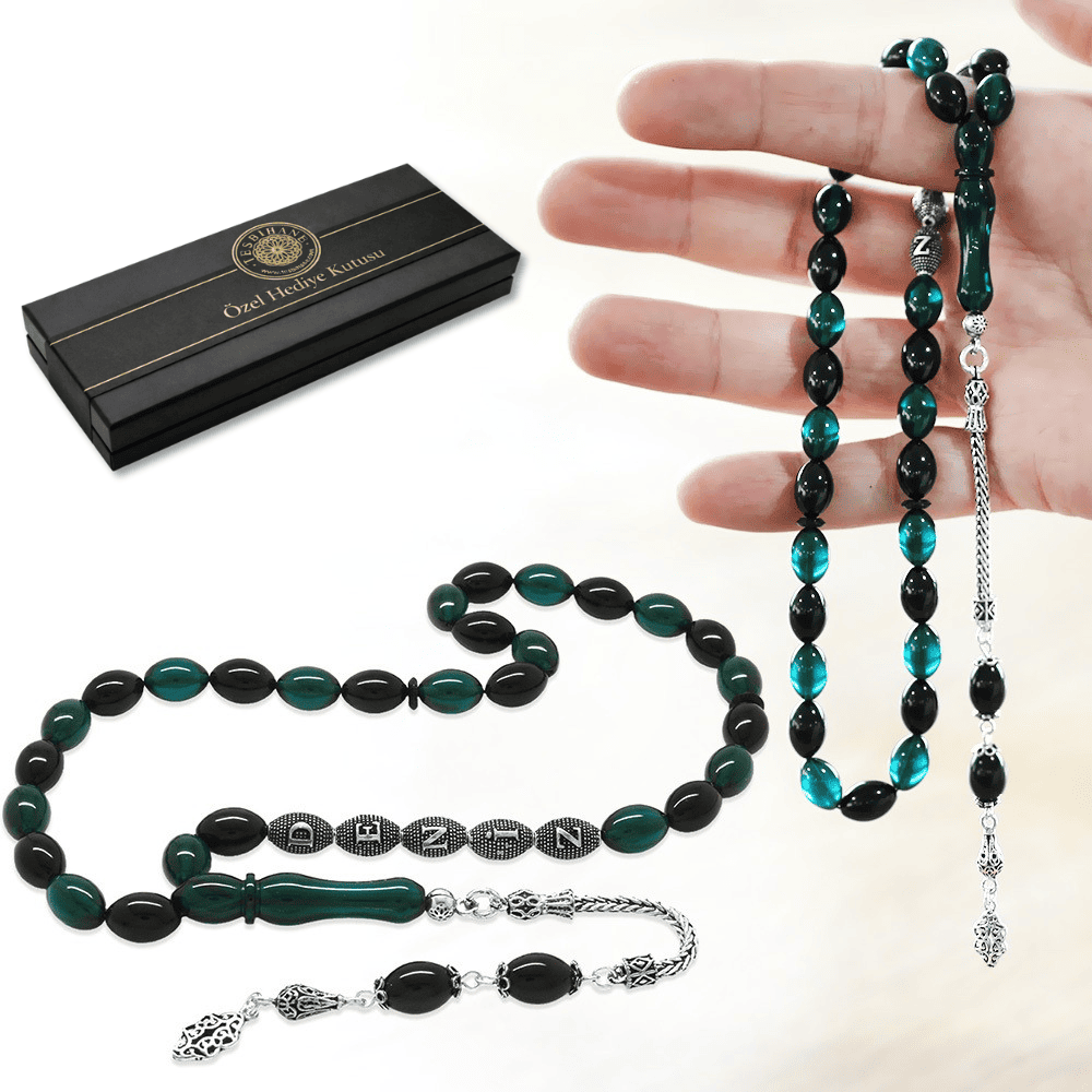 925 Ayar Gümüş Püsküllü Arpa Kesim Gümüş İsim Yazılı Turkuaz Siyah Ateş Kehribar Tesbih - 1