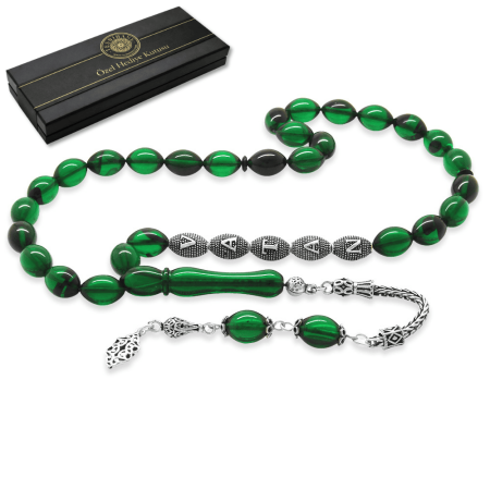 925 Ayar Gümüş Püsküllü Arpa Kesim Gümüş İsim Yazılı Yeşil Siyah Ateş Kehribar Tesbih - Tesbihane