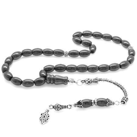 925 Ayar Gümüş Püsküllü Arpa Kesim Hematit Doğaltaş Tesbih - Tesbihane