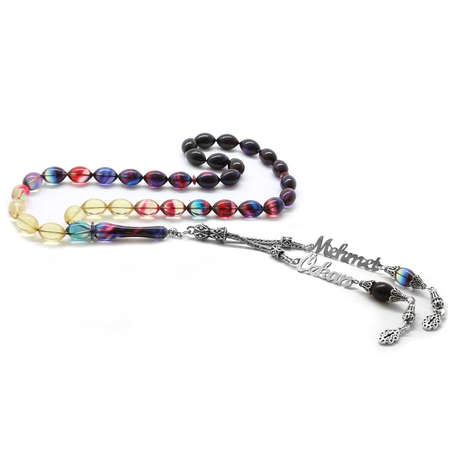 925 Ayar Gümüş Püsküllü Arpa Kesim İsim Yazılı Bonibon Ateş Kehribar Tesbih - Tesbihane