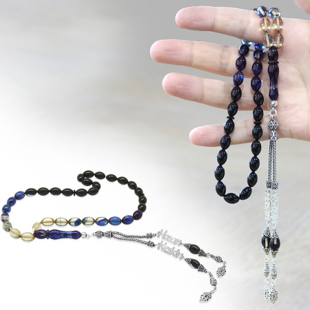 925 Ayar Gümüş Püsküllü Arpa Kesim İsim Yazılı Mavi Ateş Kehribar Tesbih - Tesbihane