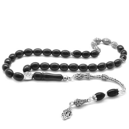 925 Ayar Gümüş Püsküllü Arpa Kesim İsim Yazılı Rus Oltu Tesbih - Tesbihane