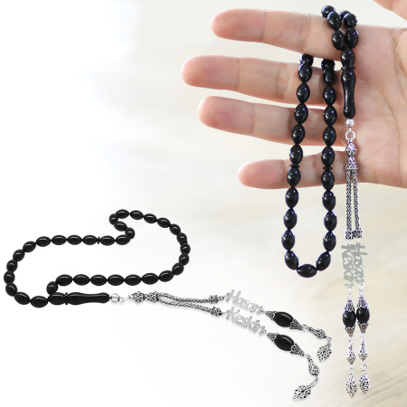 925 Ayar Gümüş Püsküllü Arpa Kesim İsim Yazılı Siyah Sıkma Kehribar Tesbih - Tesbihane