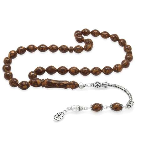 925 Ayar Gümüş Püsküllü Arpa Kesim Kahverengi Tarçın Ağacı Tesbih - Tesbihane