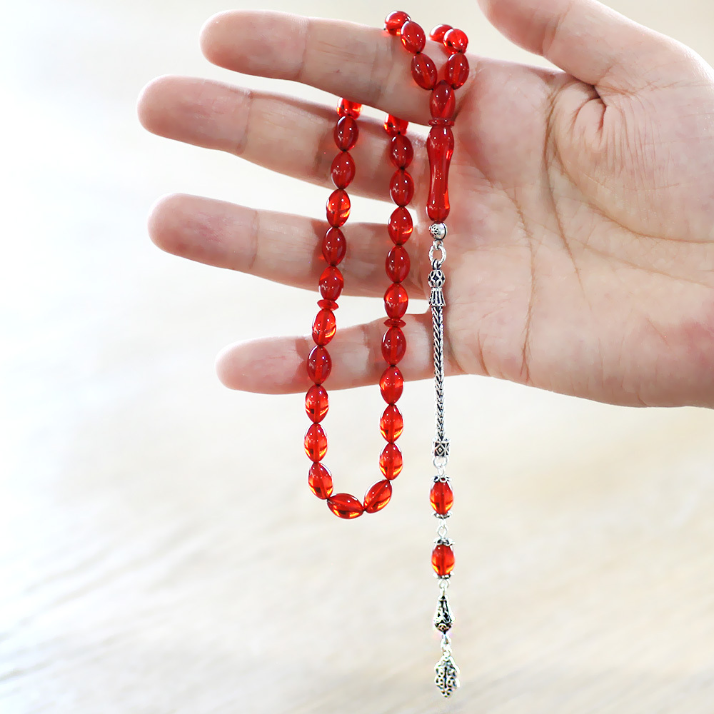 925 Ayar Gümüş Püsküllü Arpa Kesim Amber Kırmızı Ateş Kehribar Tesbih - 3