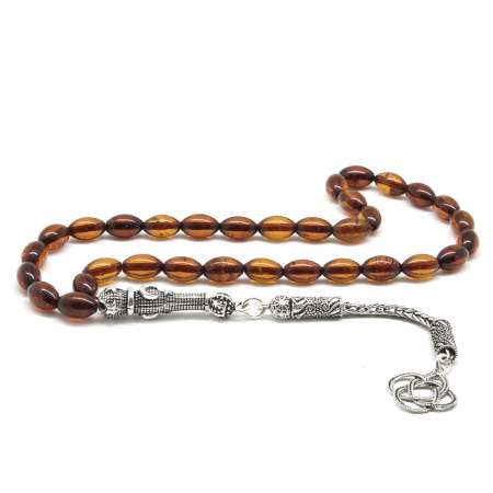 925 Ayar Gümüş Püsküllü Arpa Kesim Kırmızı Damla Kehribar Tesbih - Tesbihane