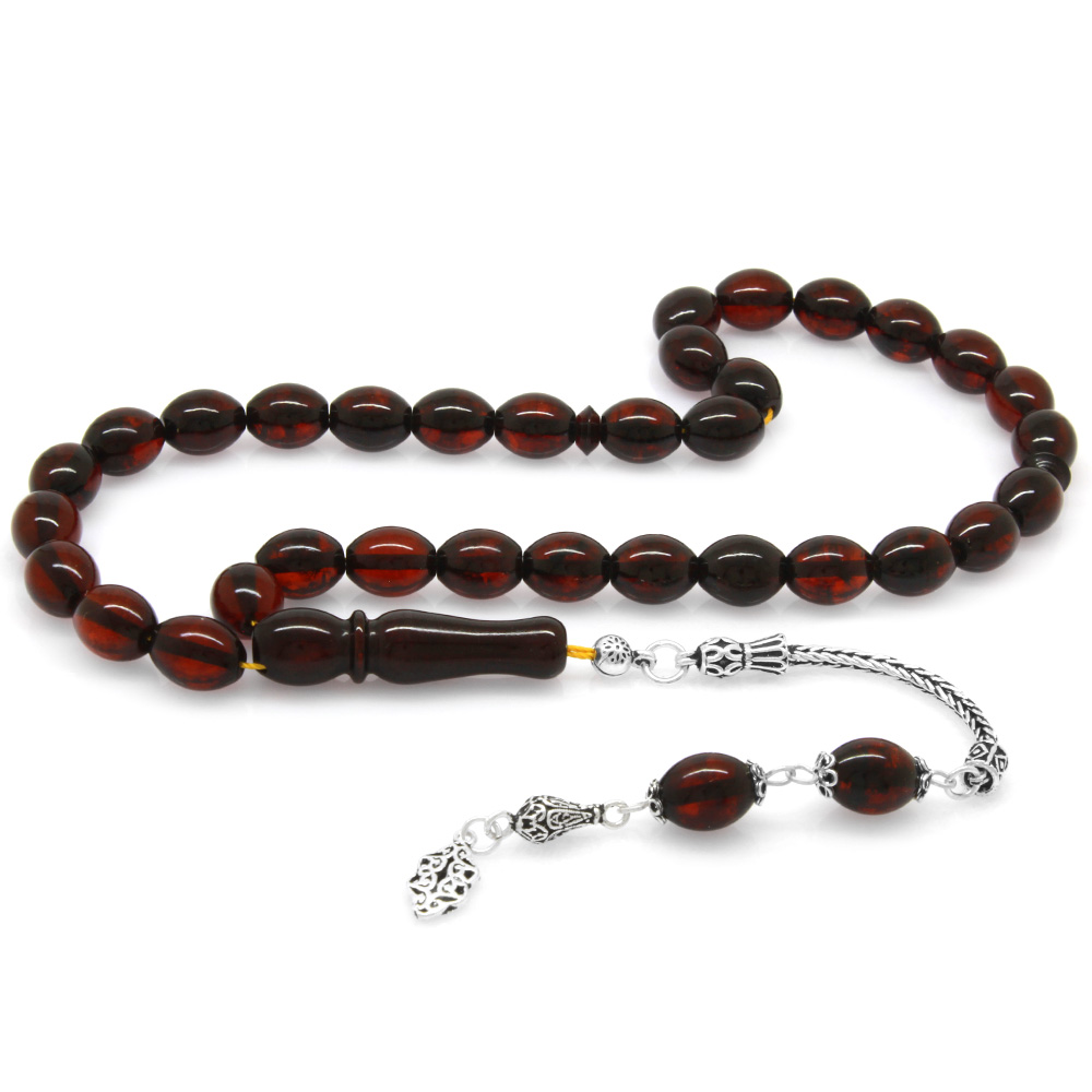 925 Ayar Gümüş Püsküllü Arpa Kesim Kırmızı Damla Kehribar Tesbih - 2