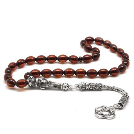 925 Ayar Gümüş Püsküllü Arpa Kesim Kırmızı Damla Kehribar Tesbih - Tesbihane