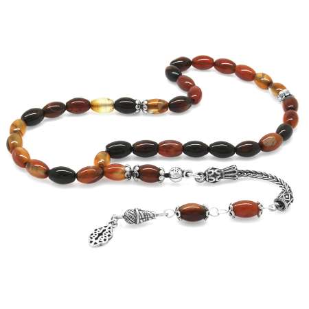 925 Ayar Gümüş Püsküllü Arpa Kesim Kırmızı Siyah Akik Doğaltaş Tesbih - Tesbihane