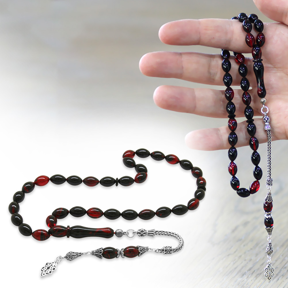 925 Ayar Gümüş Püsküllü Arpa Kesim Kırmızı Siyah Ateş Kehribar Tesbih - 1