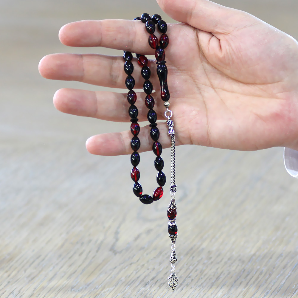 925 Ayar Gümüş Püsküllü Arpa Kesim Kırmızı Siyah Ateş Kehribar Tesbih - 2