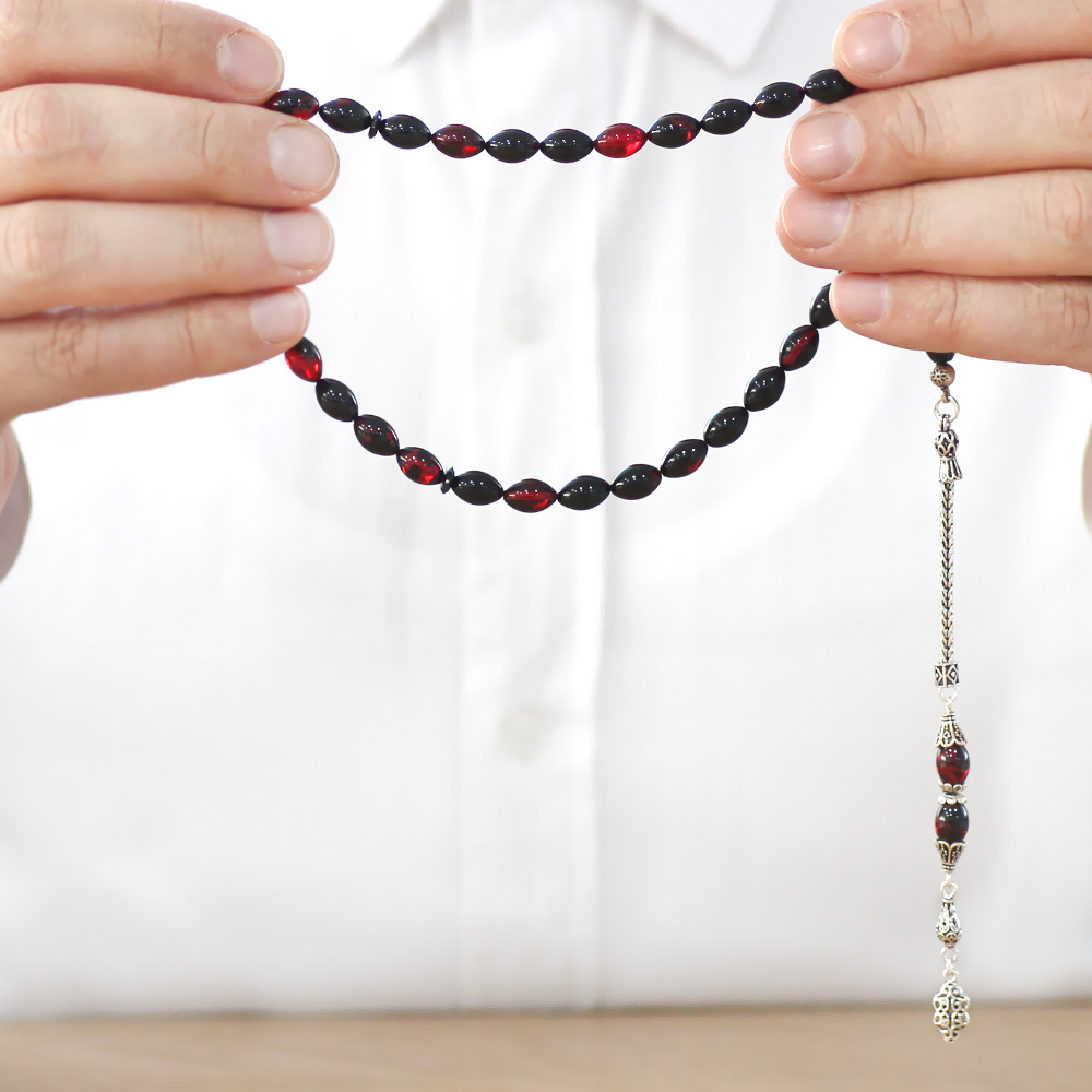 925 Ayar Gümüş Püsküllü Arpa Kesim Kırmızı Siyah Ateş Kehribar Tesbih - 3
