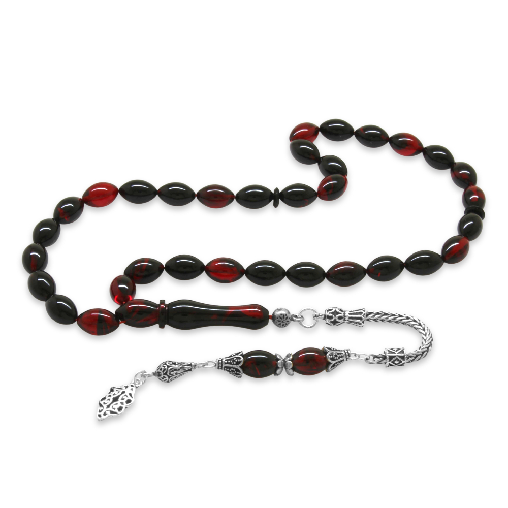 925 Ayar Gümüş Püsküllü Arpa Kesim Kırmızı Siyah Ateş Kehribar Tesbih - 4