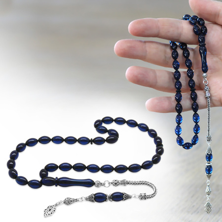 925 Ayar Gümüş Püsküllü Arpa Kesim Lacivert Sıkma Kehribar Tesbih - Tesbihane
