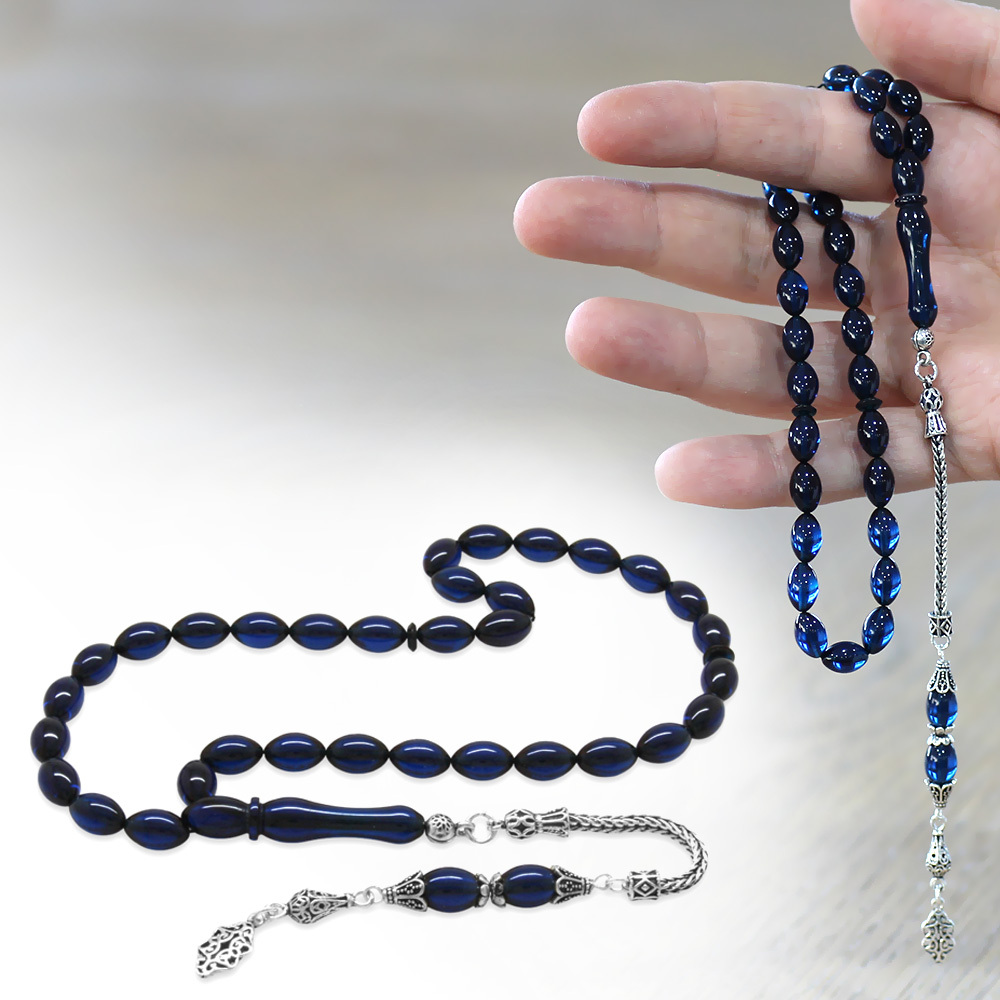 925 Ayar Gümüş Püsküllü Arpa Kesim Lacivert Sıkma Kehribar Tesbih - 1
