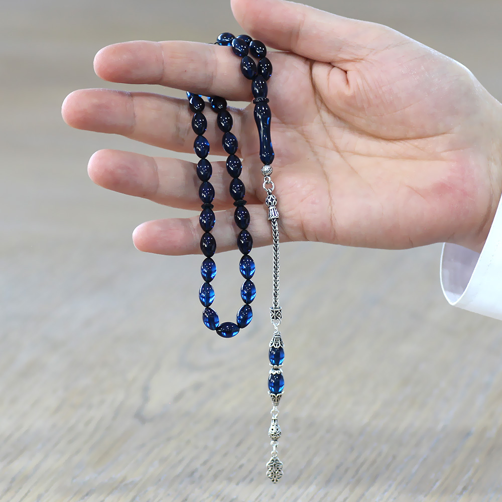 925 Ayar Gümüş Püsküllü Arpa Kesim Lacivert Sıkma Kehribar Tesbih - 2