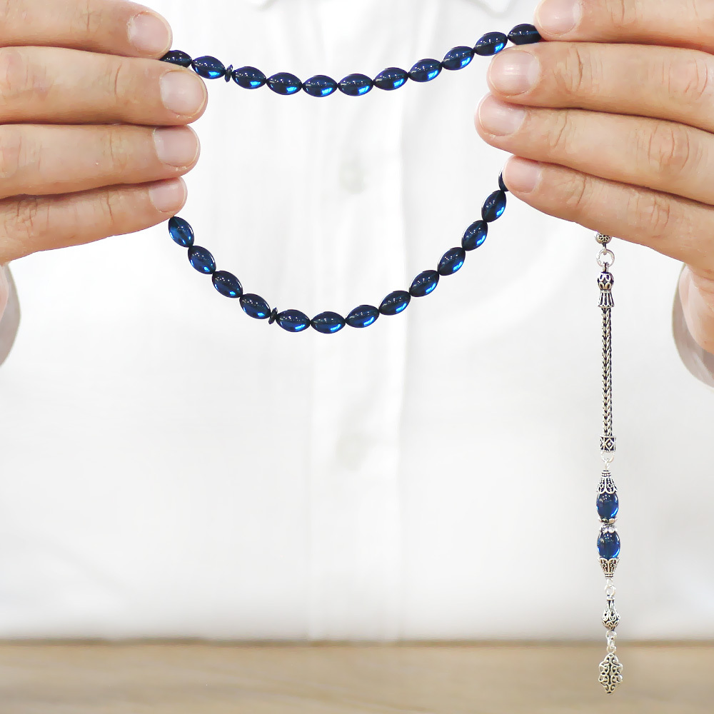 925 Ayar Gümüş Püsküllü Arpa Kesim Lacivert Sıkma Kehribar Tesbih - 3