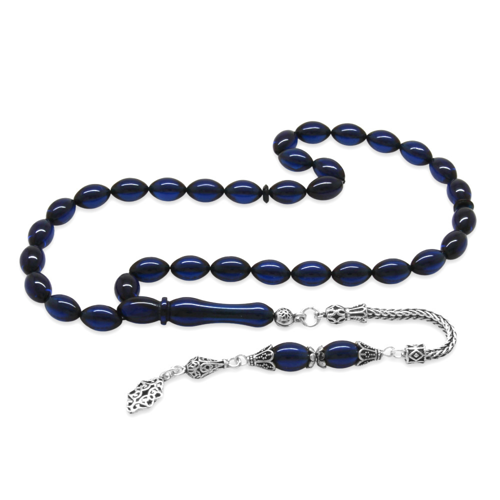 925 Ayar Gümüş Püsküllü Arpa Kesim Lacivert Sıkma Kehribar Tesbih - 4