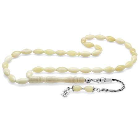 925 Ayar Gümüş Püsküllü Arpa Kesim Naturel Renk Deve Kemiği Tesbih - Tesbihane