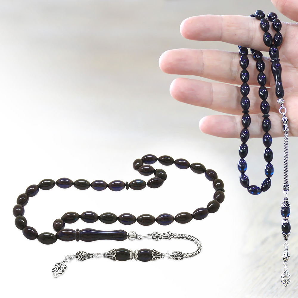 925 Ayar Gümüş Püsküllü Arpa Kesim Mavi Siyah Sıkma Kehribar Tesbih - 1
