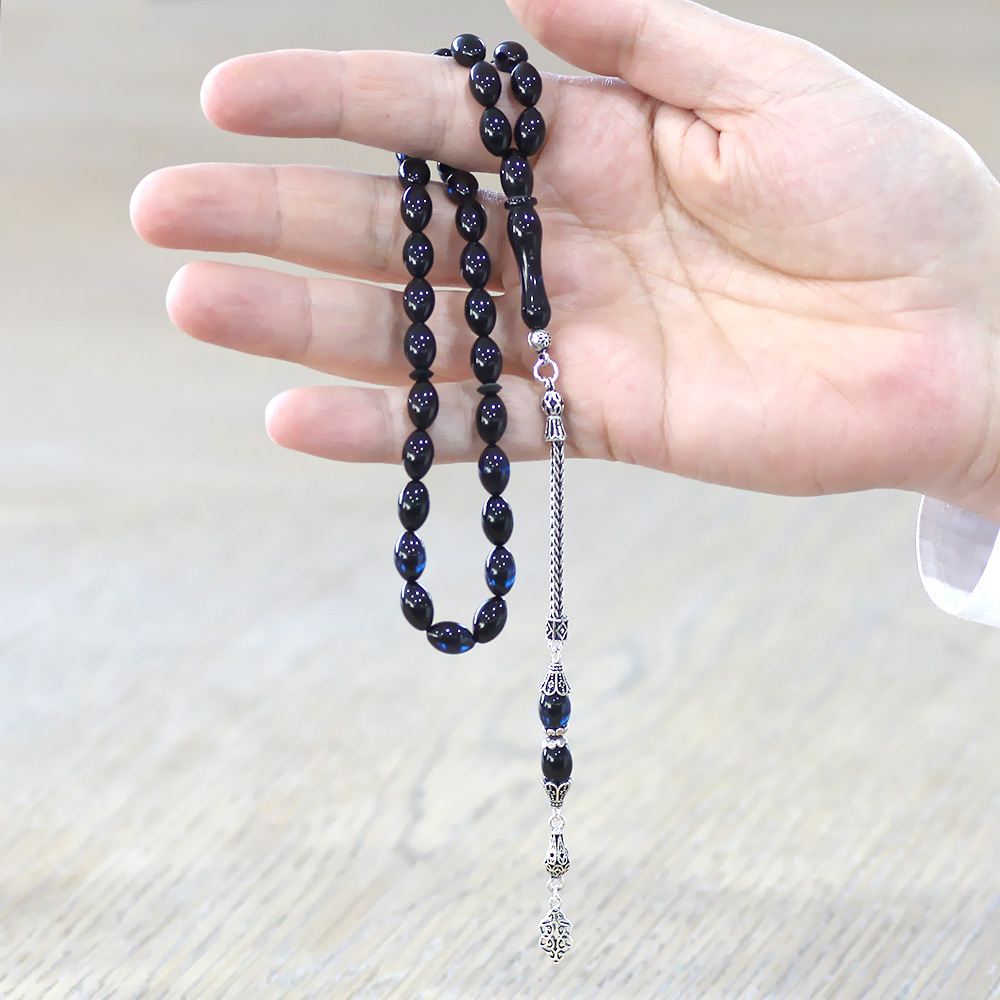 925 Ayar Gümüş Püsküllü Arpa Kesim Mavi Siyah Sıkma Kehribar Tesbih - 2