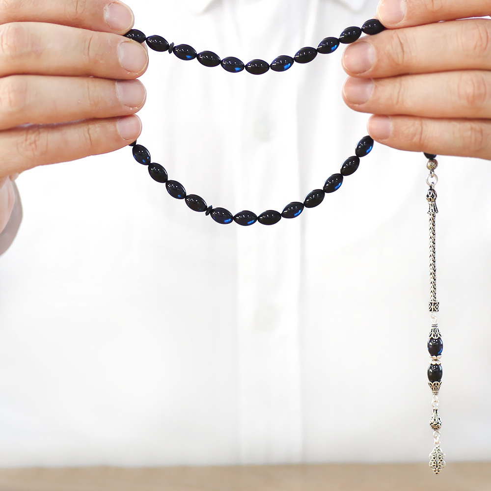 925 Ayar Gümüş Püsküllü Arpa Kesim Mavi Siyah Sıkma Kehribar Tesbih - 3