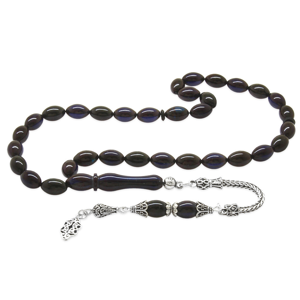 925 Ayar Gümüş Püsküllü Arpa Kesim Mavi Siyah Sıkma Kehribar Tesbih - 4