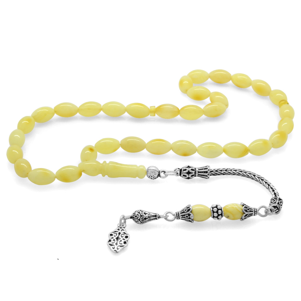 925 Ayar Gümüş Püsküllü Arpa Kesim Sarı Beyaz Damarlı Ukrayna Damla Kehribar Tesbih - 1