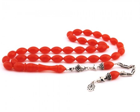 925 Ayar Gümüş Püsküllü Arpa Kesim Kırmızı Sıkma Kehribar Tesbih - M2 - Tesbihane