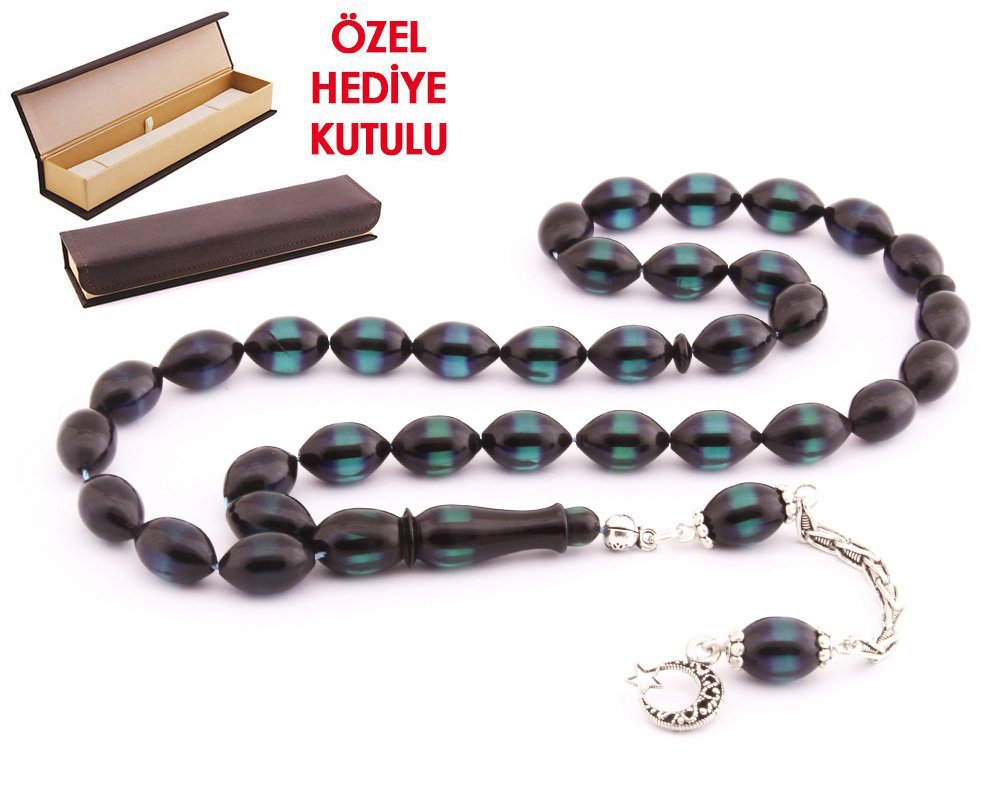 925 Ayar Gümüş Püsküllü Arpa Kesim Sürmeli Sıkma Kehribar Tesbih - Hediye Kutulu - 2