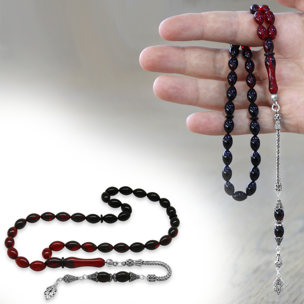 925 Ayar Gümüş Püsküllü Arpa Kesim Süzme Kırmızı Siyah Ateş Kehribar Tesbih - 1