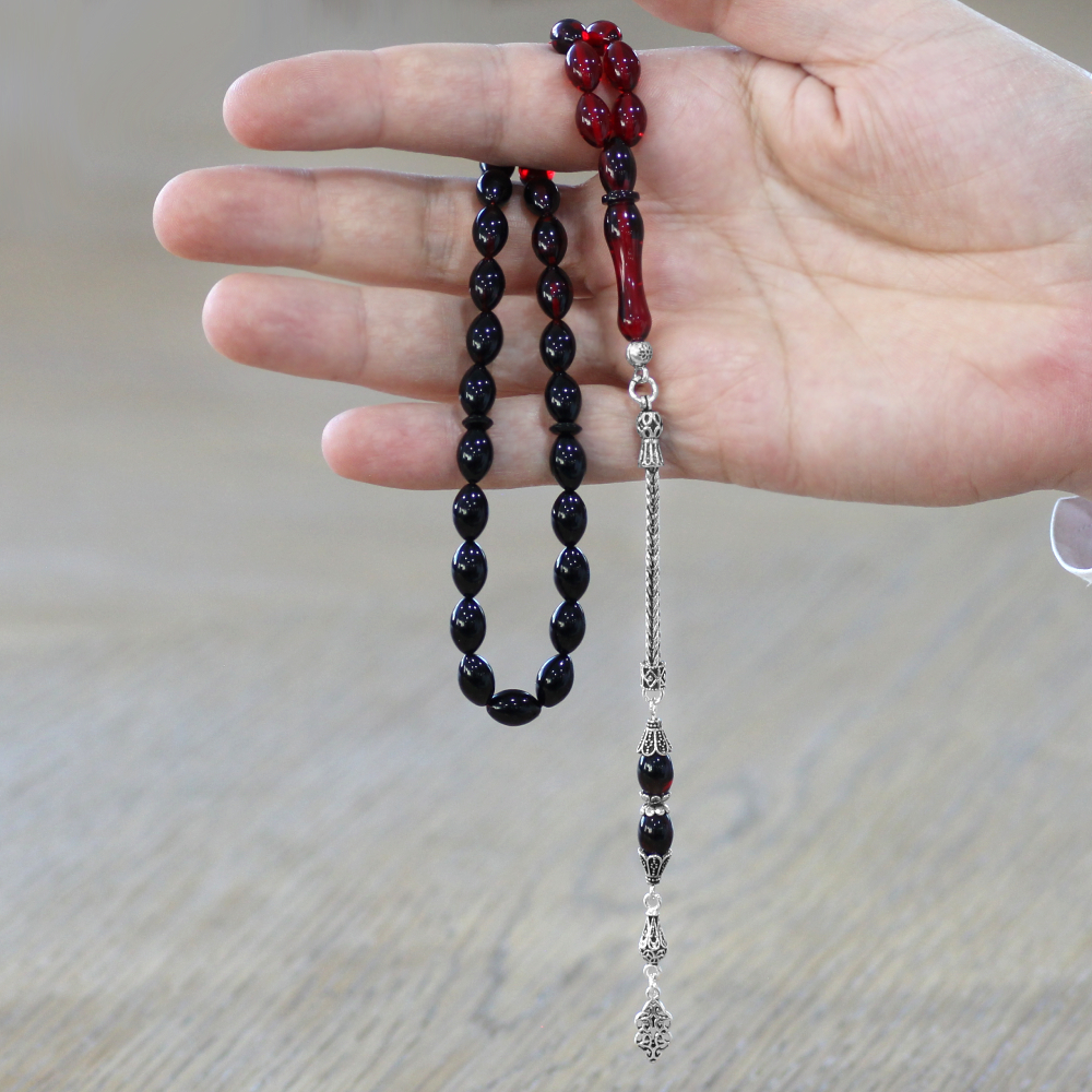 925 Ayar Gümüş Püsküllü Arpa Kesim Süzme Kırmızı Siyah Ateş Kehribar Tesbih - 2